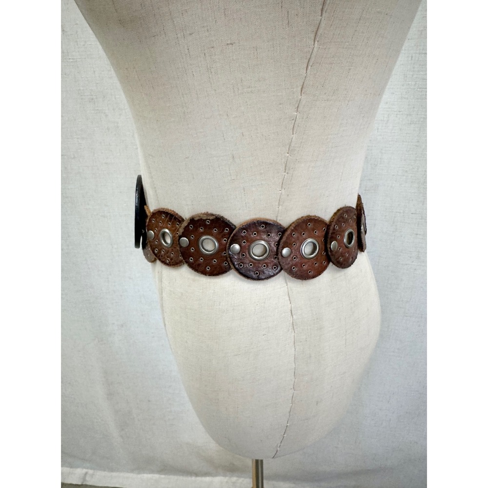 Western boho leather Disc Concho Belt‎ Brown silver grommets SML/MED adjustable - Picture 14 of 16